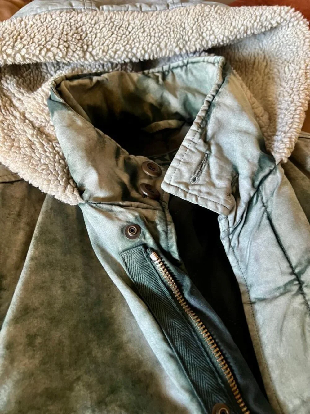 Free City Sherpa Lined Hooded Winter Coat Parka Jacket Green Acid Wash Medium NW - Picture 7 of 9